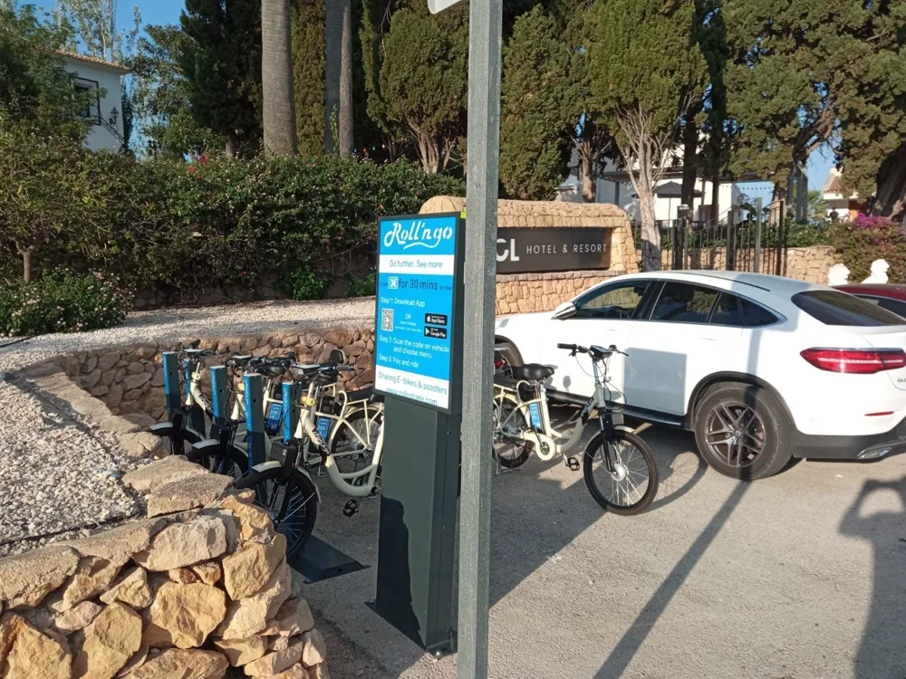CityDock network e-bikes docked near palm trees